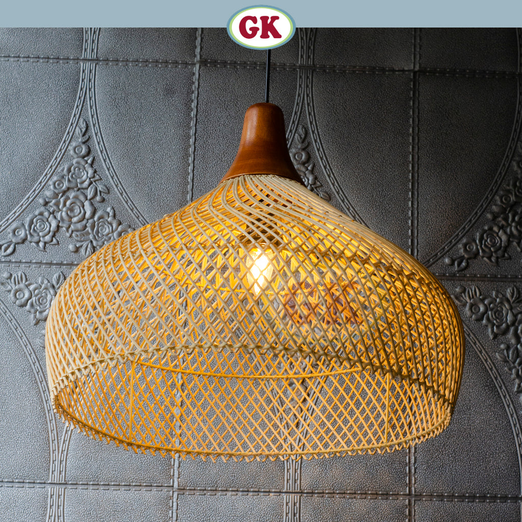 Kap Lampu Gantung Rotan KUBAH 13 D50 - Dekorasi Lampu Kayu Cafe