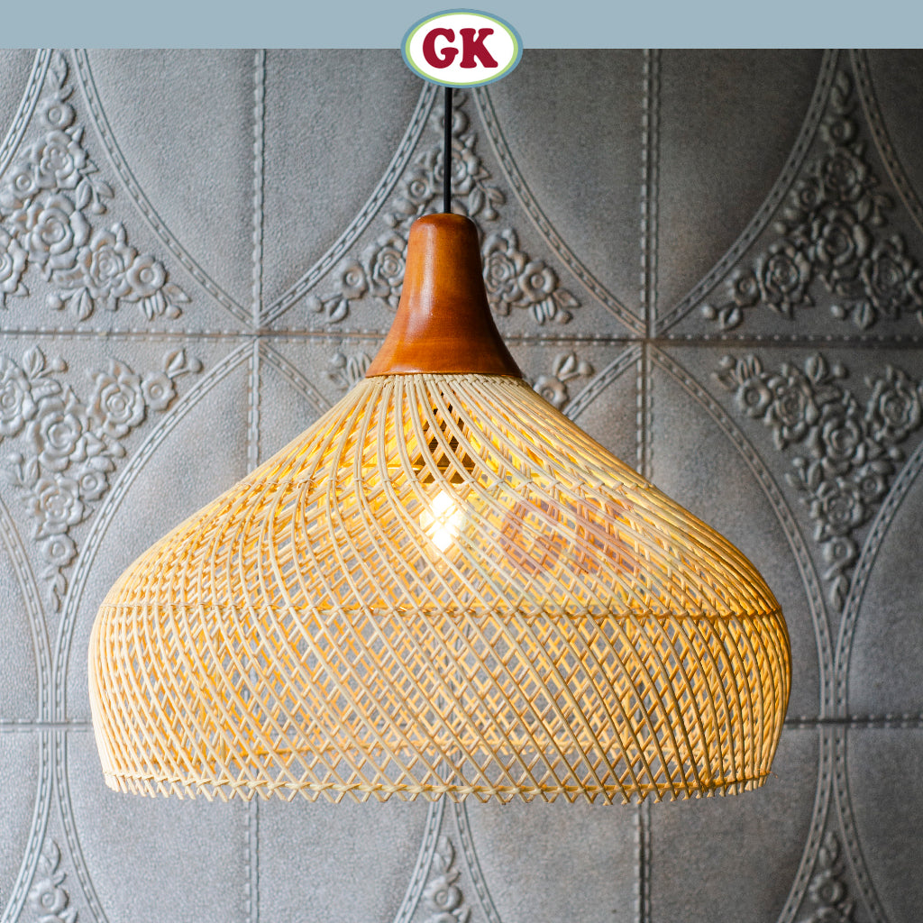 Kap Lampu Gantung Rotan KUBAH 13 D50 - Dekorasi Lampu Kayu Cafe