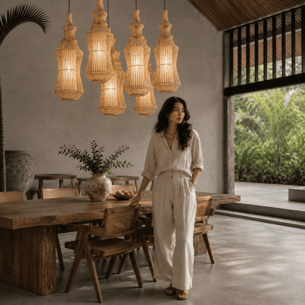 Kap Lampu Gantung Rotan LENTERA 16 D20 - Elegant Handwoven Lantern Pendant Lamp for Oriental or Japandi Interior Decor.