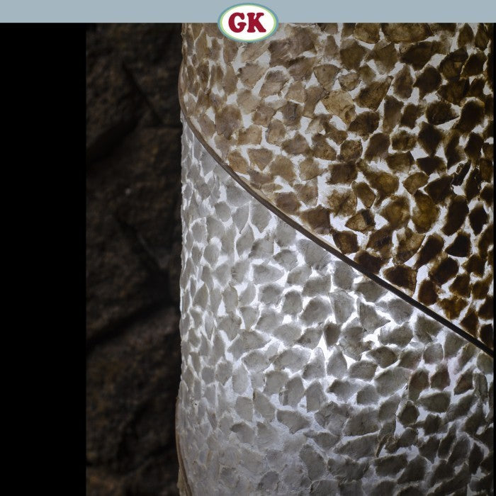 Kap Lampu Standing Rotan RUSTIC 35 D30 - Organic Floor Lampshade with Raw Capiz Shell for Tropical Hotel, Villa, Workspace, Spa, or Coastal Home Decor.